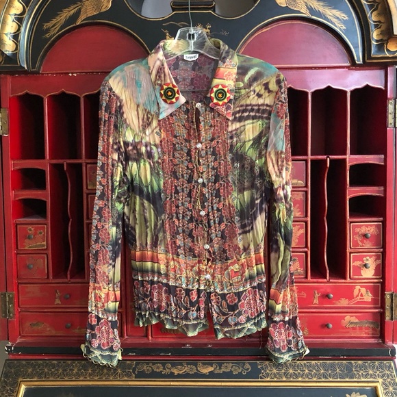 Love Amour Blouse Shirt Embroidered Multicolor Long Sleeve Button Up Size XLarge - Picture 3 of 15